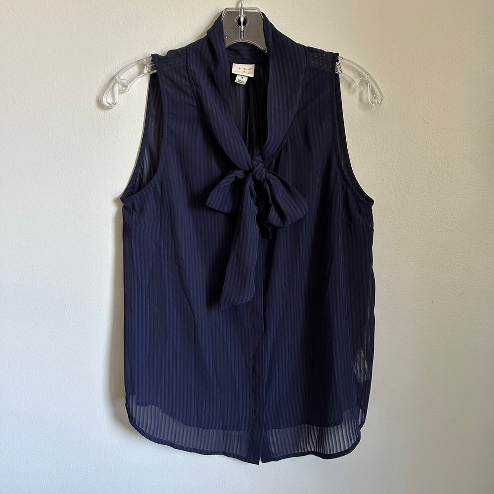 a new day Navy Blue Striped Neck Tie Button Down Sleeveless Sheer Blouse Medium